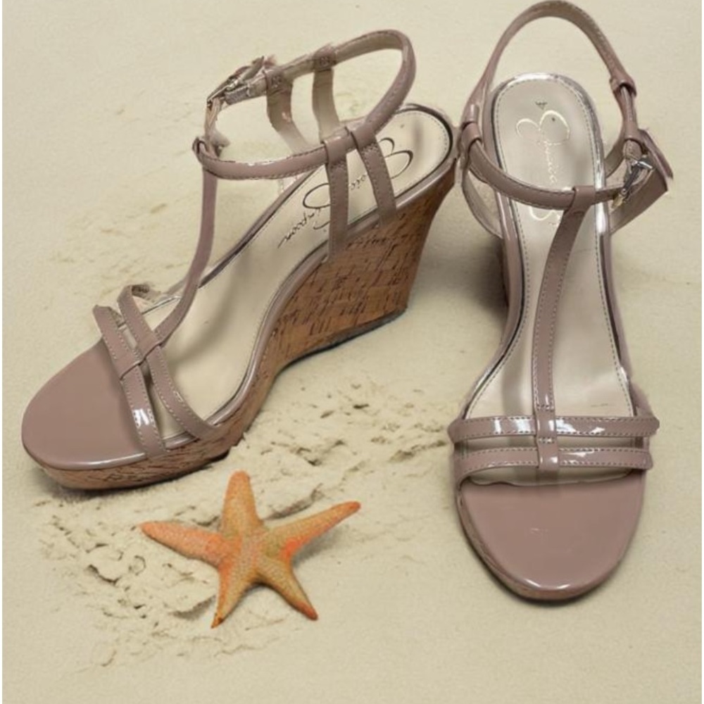 B Jessica Simpson wedges tan patent size US 10